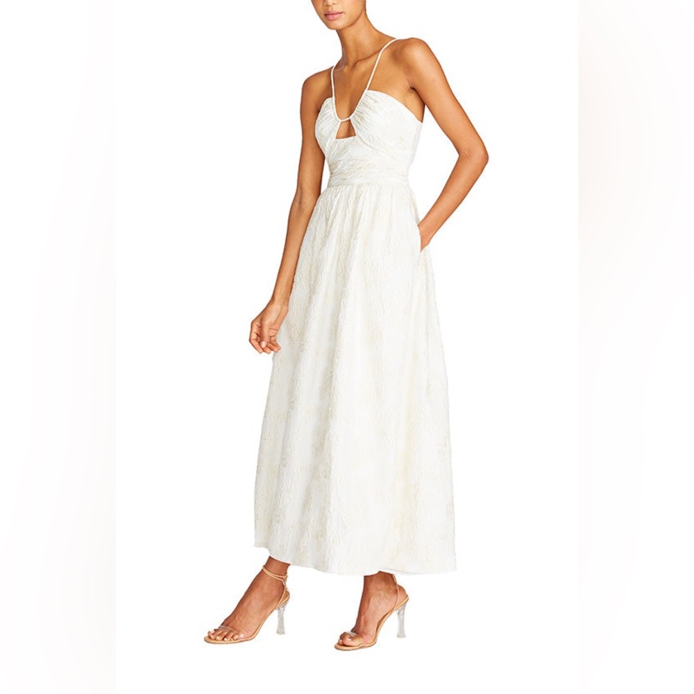 NWT MONIQUE LHUILLIER Spaghetti strap Metallic Jacquard Midi Dress - Ivory - Picture 2 of 16